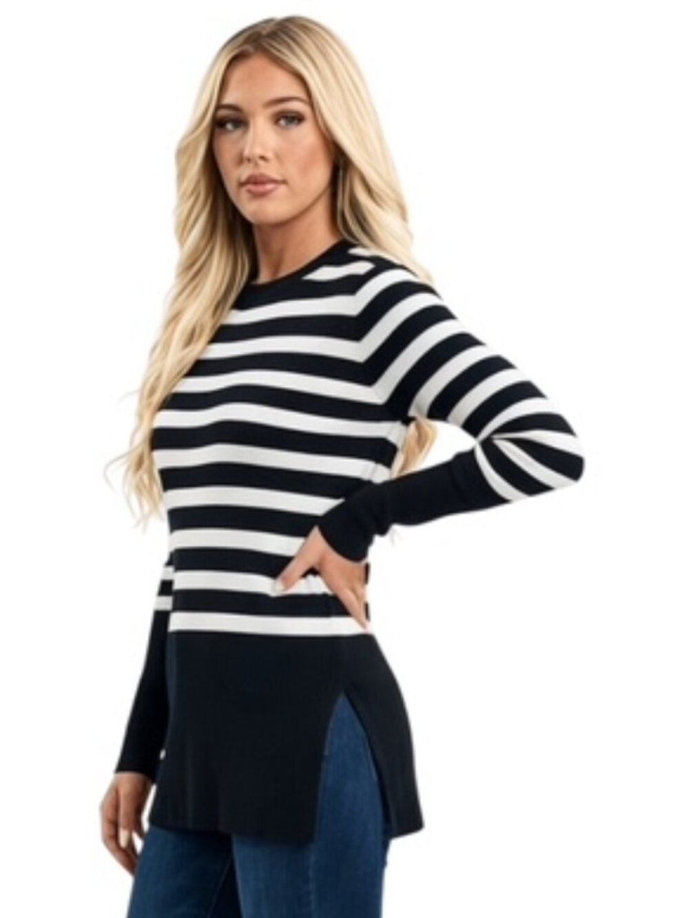 Everlane Small The Breton Ribbed Striped Wool Blend Crewneck Side Slit Sweater